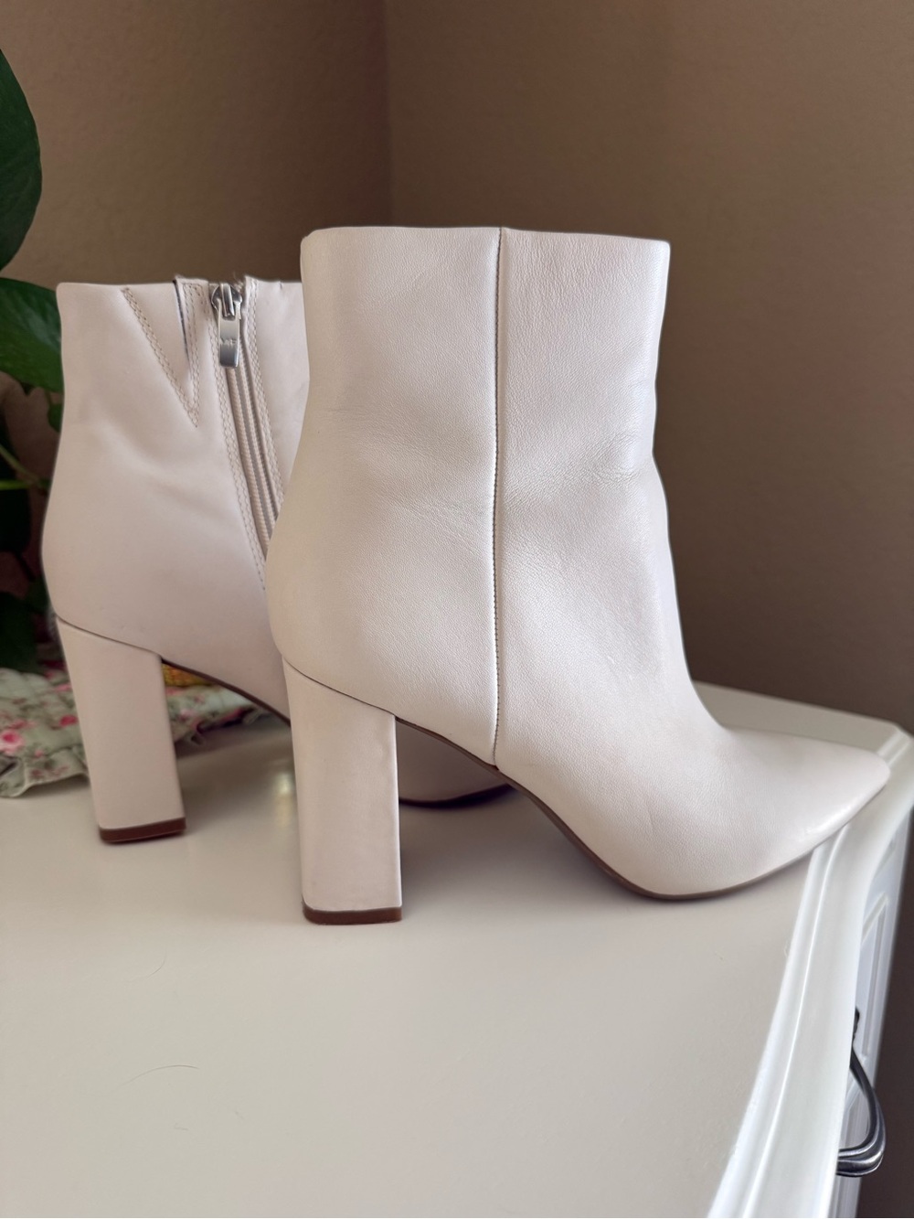 Marc Fisher Pointed Toe Cream Block Heel Ankle Bootie